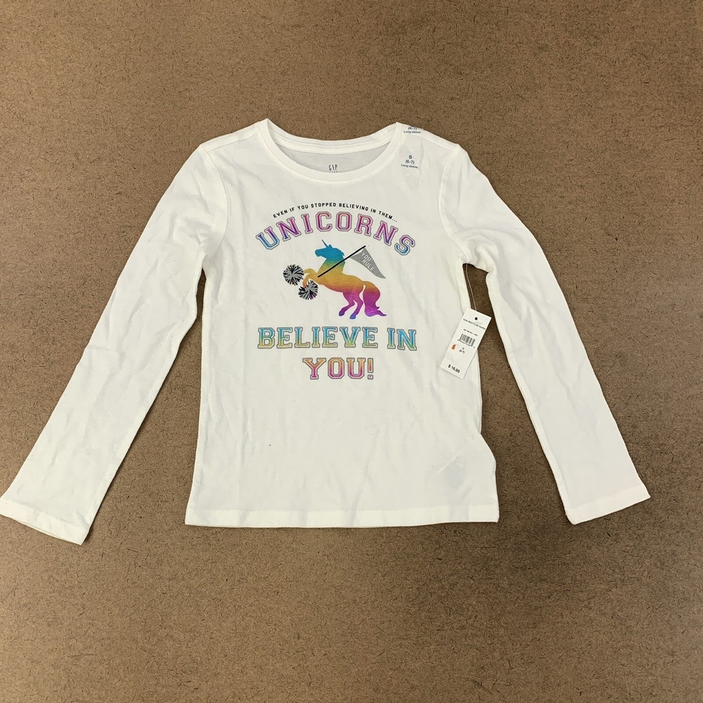 Gap Kids Girl Size Small 6-7 White Long Sleeve Unicorn You Rule Graphic T-Shirt